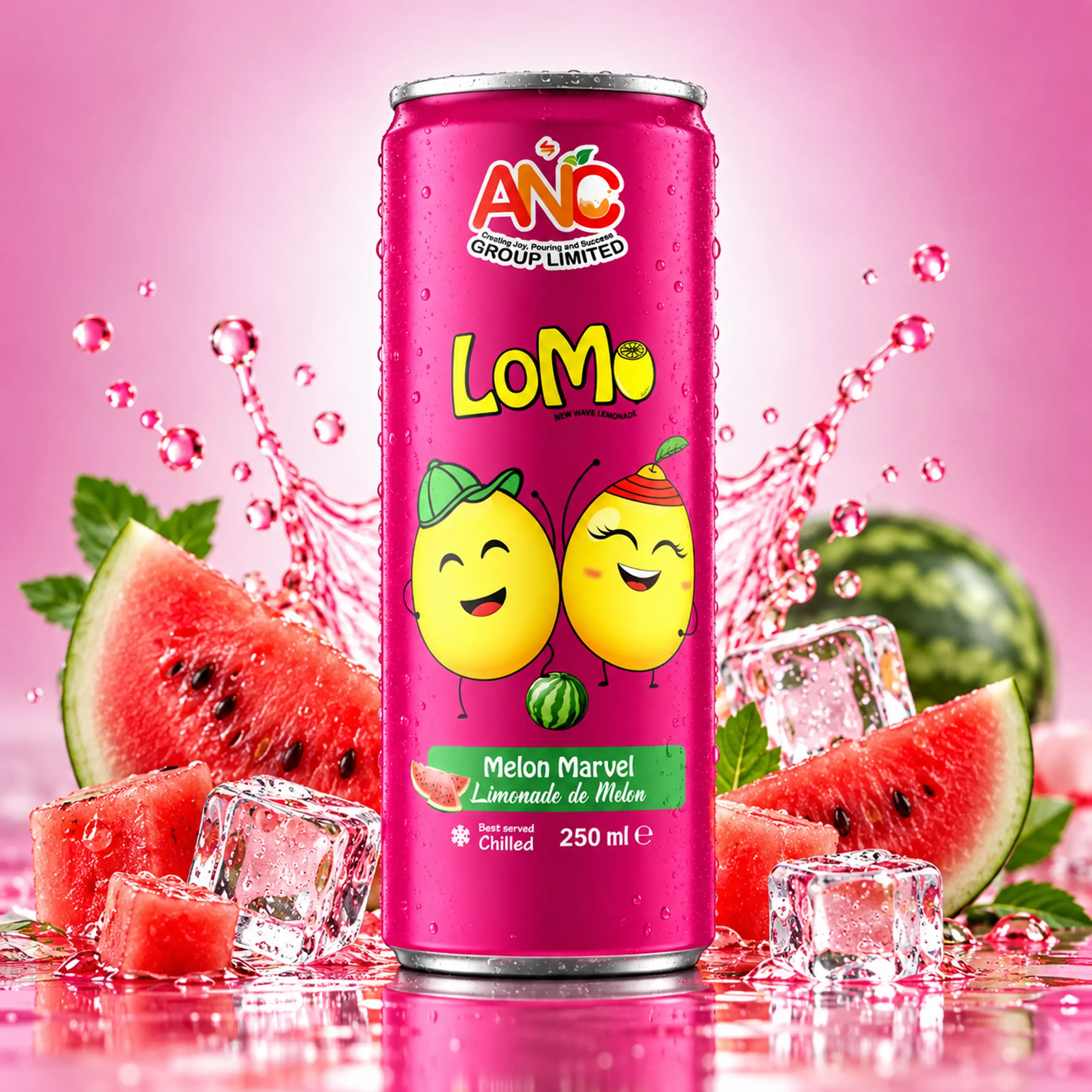 LOMO Melon Marvel 250ml lemonade can with fresh watermelon slices, ice cubes and pink splash.